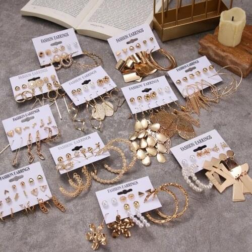 European and American Retro Pearl Zircon Card Holder Earrings Geometric Tassel Pendant Earrings Set Female Jewelry Accessories