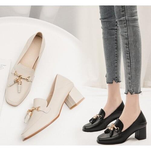 Free shipping 2020 Womens shoes Work shoes spring and autumn bow low low-heeled shoes thick heel casual female leather