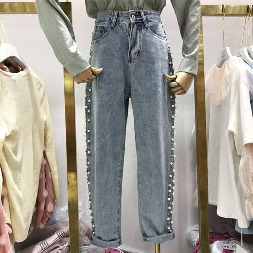 Women Jeans Pant Pearl Beading High Waist Loose Straight Style Girls Washed Denim Pants Large Size 5XL