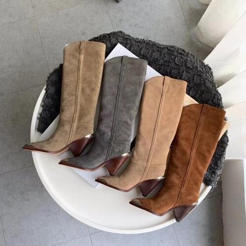 Women Knee High Boots Fashion high quality Ladies Boots Genuine leather Wedges heel Metal pionted toe Kid Suede Slip-on boots