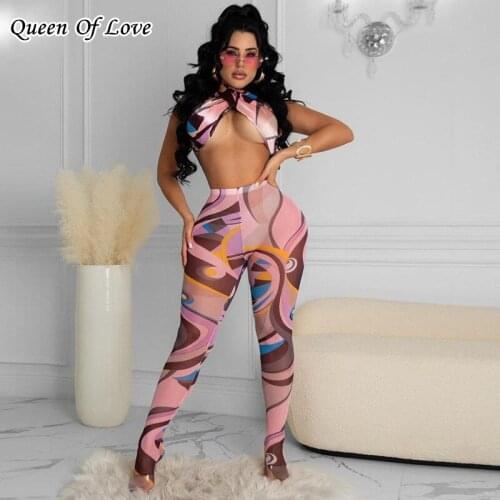 2 Piece Women Halter Cross Neck Crop Top And Footed Legging Matching Set 2021 Summer Sheer Mesh Sexy Pant Outfits