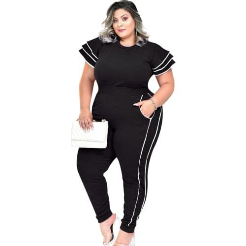 Sale Large Lady 2 Piece Outfits Clothes Plus Size Ruffle Summer Short Sleeve Striped Print Fashion Office Women Clothing Set D30