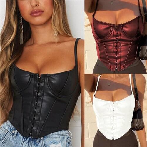 Womens Corset Sexy Low-cut Bustier Sling PU Crop Top Punk Rock Style Camisole Club Party Outfits Casual Streetwear