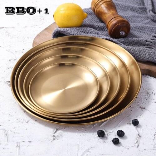 Gold Dinner Plates Stainless steel Scandinavian Round Storage Tray Silver Dinner Dishes Dessert Dish Cake Serving Plate Cutlery