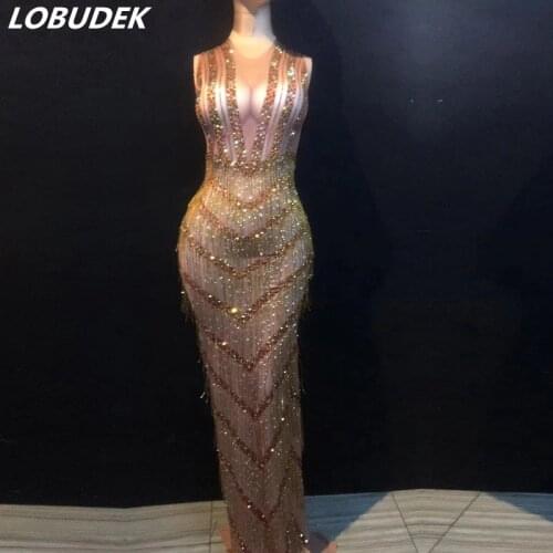 Gold Tassel Rhinestones Floor Length Dresses Women Birthday Prom Sleeveless Stripes Long Dress Bar Singer Performance Stage Wear