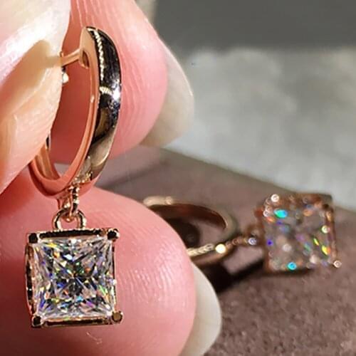 10K Rose Gold Women Drop Clip Hoop Earrings Moissanite Diamonds 4ct Princess Square Wedding Party Engagement Anniversary Present