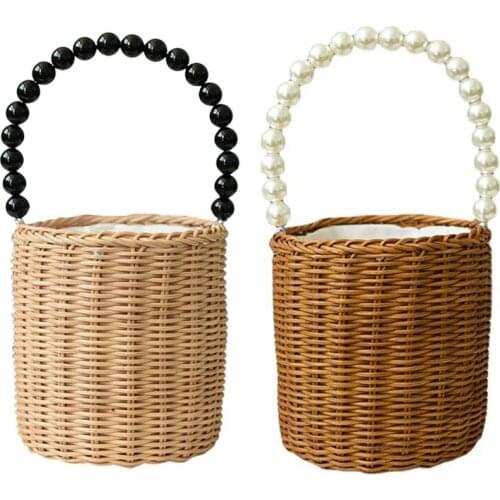 2 Pcs Flower Girl Woven Flower Basket Pearl Handle for Vintage Rustic Wedding Ceremony Decorative
