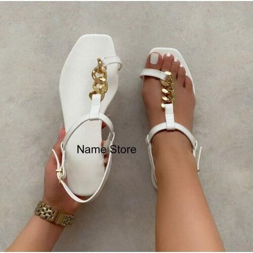 2021 Summer Flat Sandals Solid Color Chain Womens Shoes Open Toe Outdoor Beach Sandals Plus Size 41