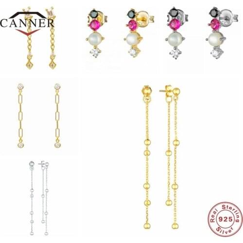 CANNER 925 Sterling Silver Square Zircon Pendant Chain Piercing Earrings for Women Wedding Jewelry Pendientes Plata 925 Kolczyki