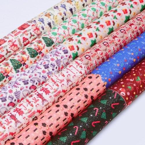 A4 Glitter Christmas Printed PU Leather Fabric Sheet DIY Handmade Crafts Quilting Garment Bags Hair Accessories Material