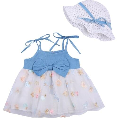 OPPERIAYA Breathable Baby Girl Dress Embroidery Bow Decoration Mesh Splicing Denim Sleeveless Suspender Princess Skirt Straw Hat