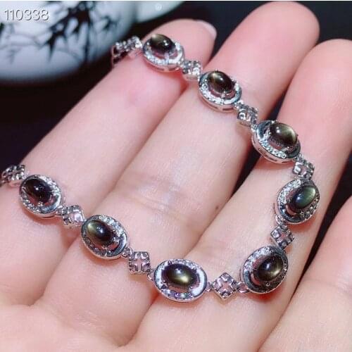 Fine Jewelry 925 Sterling Silver Natural Black Star Sapphire Bracelet Luxury Girl Hand Bracelet Support Test