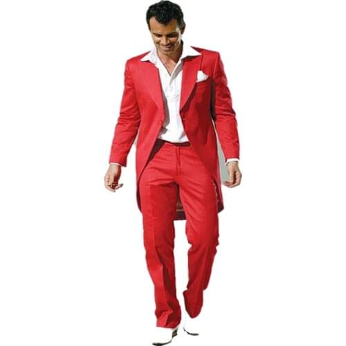 Red Handsome Tailcoat Custom Made Groom Tuxedos Peak Lapel Men Wedding/Dinner/Prom Suits Bridegroom (Jacket+Pants)
