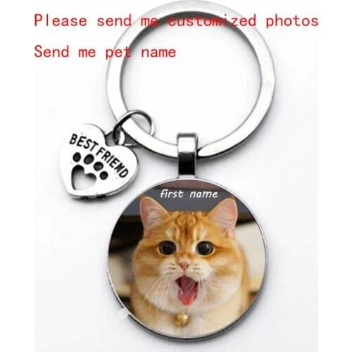 Cat Name Custom Diy Pet Cat Photo Fashion Keychain I Love Cat Glass Crystal Pendant Mini Heart-Shaped Keychain Car Key Favorite