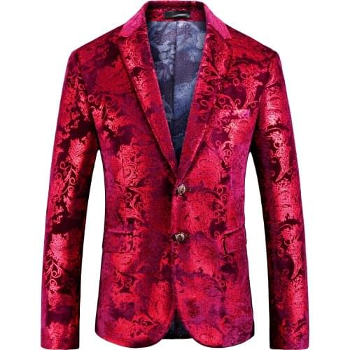 Mens Red Floral Blazer Jacket 2018 Brand New Single Breasted Two Button Velvet Suit Blazer Men Party Wedding Prom Stage Costumes