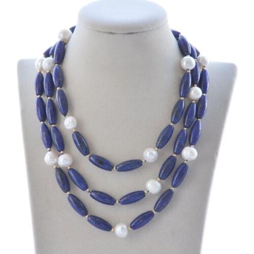 P7569 50" White Round Freshwater Pearl Blue lapis lazuli Necklace