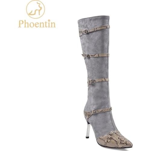 Phoentin thin high heel booties 2019 snake printed knee high boots pointy shoes female sexy buckle narrow band large size FT779