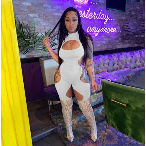 Sexy Hollow Out Solid Playsuit Romper Casual Sportswear O Neck Sleeveless Biker Shorts Slim Jumpsuit Women Clubwear Women Outfit