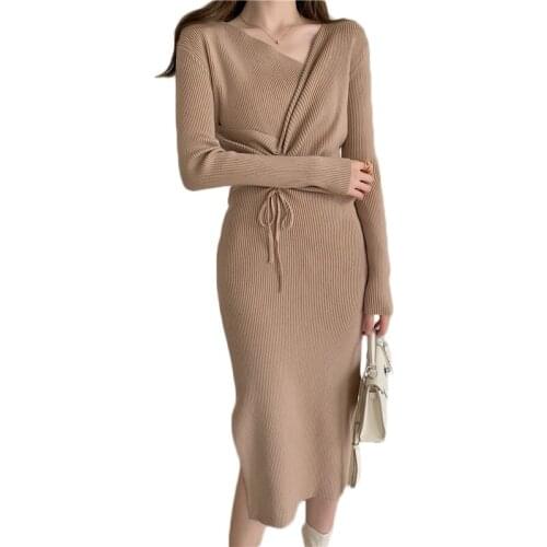 Women Mid-long Sweater Dress Spring Slim Fit Knitted Dress Female Autumn and Winter Causal Vintage Drawstring Split Dress NS2636