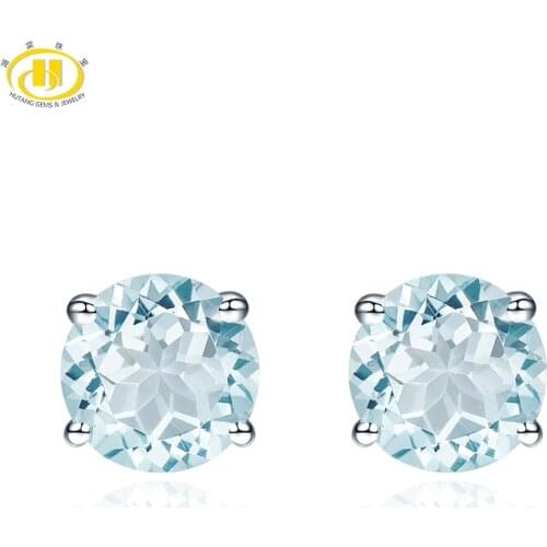 HUTANG Stone Jewelry 1.4ct Natural Aquamarine Round 6mm Stud Earrings Solid 925 Sterling Silver Gemstone Fine Jewelry Women Gift