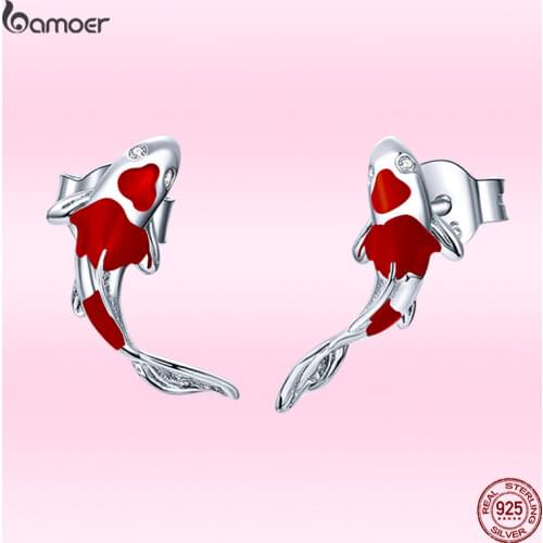 Bamoer Fashion Red Koi Stud Earrings for Women Genuine 925 Sterling Silver Fish Animal Stud Earrings Lucky Festival Jewelry Gift