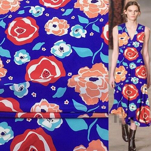 Big floral print on blue bottom silk Crepe DE chine fabric 136cm width,SCDC681