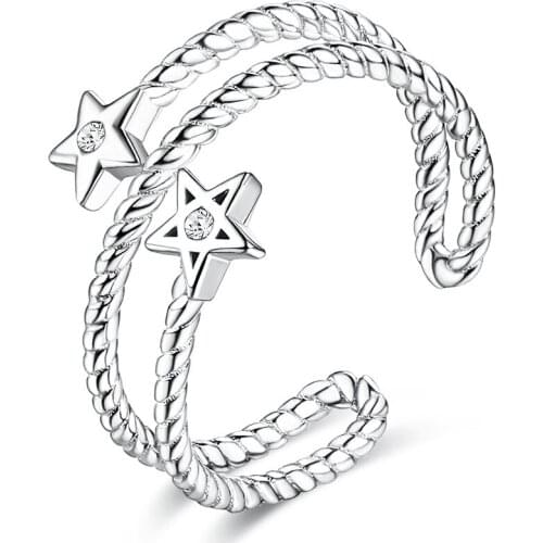ZEMIOR Adjustable Finger Ring For Women Inlay Cubic Zirconia Star S925 Sterling Silver Rings Double Twisted Rope Shape Jewelry