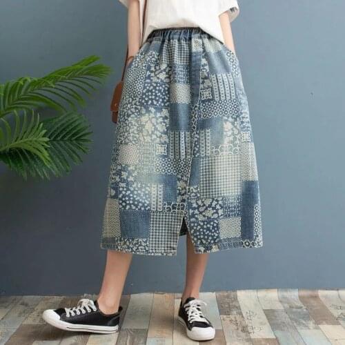 Plus Size Patchwork Denim Skirts Women Summer 2020 Vintage A-line Oversize Female Loose Elastic High Waist Long Maxi Jeans Skirt