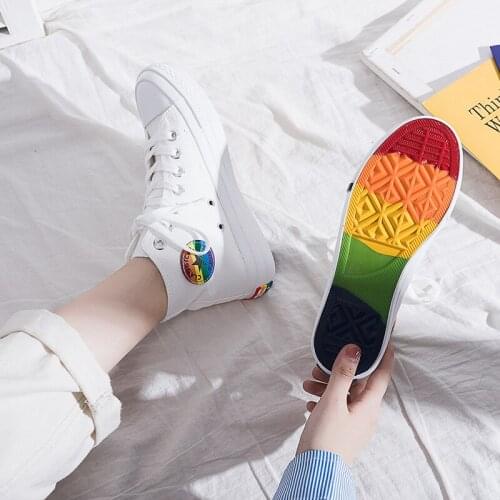 2021Womens Vulcanize Shoes Casual High-Top Rainbow Shoes Ladies Lace Up Breathable Student Walking Canvas Shoes Zapatillas