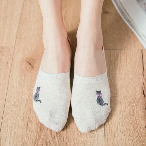 Anewmorn Spring&Summr New Cotton Low Cut Breathable Embroidery Cat Females Sokken Non-Slip Invisible Women’s Socks Korean Style