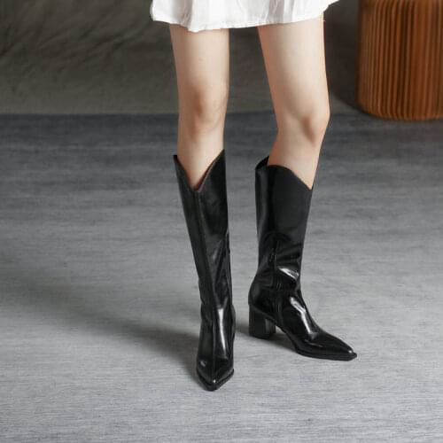 Concise Designer Knee High Boots For Girls Genuine Leather Side Zipper Womens Shoes 2021 Fall Party Winter Boots Heels