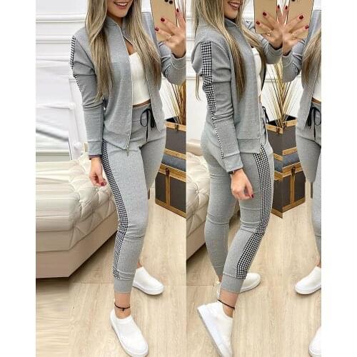 Women Fashion Casual Two-Piece Set Suits Set Female Autumn Clothes Plaid Patchwork Jack & Drawstring Pants Set