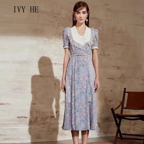 IVY HE High Quality Summer Dress Woman Clothing Bubble Sleeve Lace Pearl Belt Midi Long Dress Traf Robe ZA Vintage Party Dresses