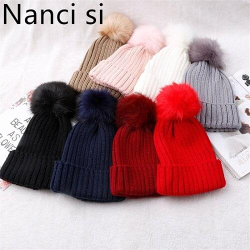 Nanci si Winter Cap Fur Pompom Hats For Women Skullies Beanies Women Warm Cap Elasticity Knit Beanie Hats Fur Pom Pom Hats