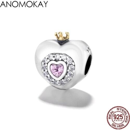 100% 925 Sterling Silver Heart Bead fit Original Bracelet Necklace Pink Crystal 925 Silver Bracelet Charm for Women Girl