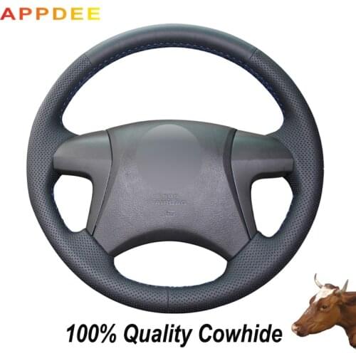 APPDEE Black Genuine Leather Car Steering Wheel Cover for Toyota Highlander 2008 2009 2010 2011 2012 2013 2014 Camry 2007-2011