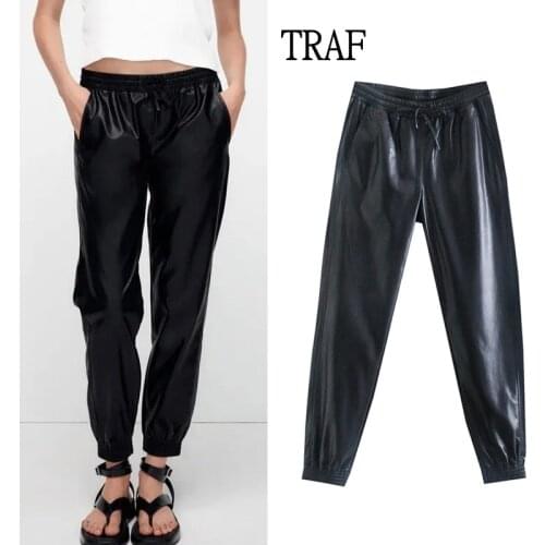 TRAF Za Women PU Leather Pants 2021 High Waist Faux leather Jogging Pants Woman High Waist Elastic Sweatpants Streetwear Women
