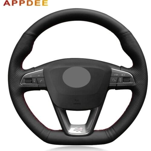 Black faux leather hand-sewn steering wheel cover for seat Leon Cupra R 2013-2019 Leon ST Cupra 2013-2019 Ateca Cupra 2016-2019