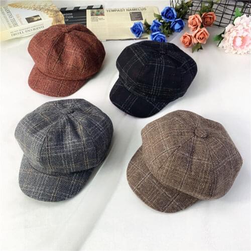 2021 Childrens Plaid hats autumn and winter boys caps British plaid octagonal hats Korean version Japanese wild girls berets