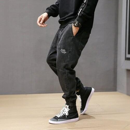 2021 New Fashion Streetwear Vintage Black Loose Fit Cargo Pants Harem Jeans Printed Designer Spliced Hip Hop Jogger Jeans Men