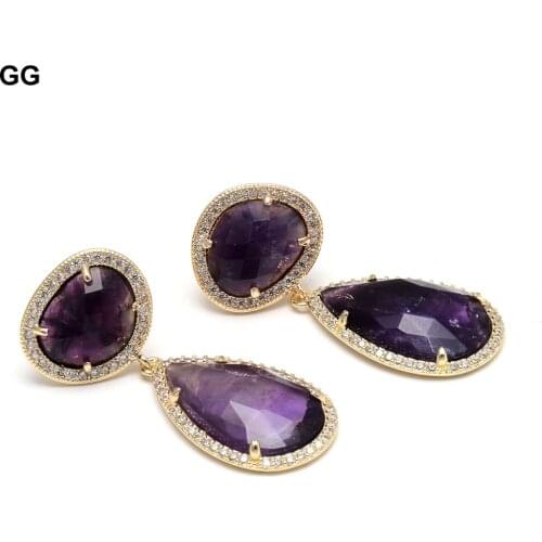 GuaiGuai Jewelry Natural Purple Faceted Carven Waterdrop Amethysts Gold Color Plated CZ Paved Amethyst Stud Earrings For Women