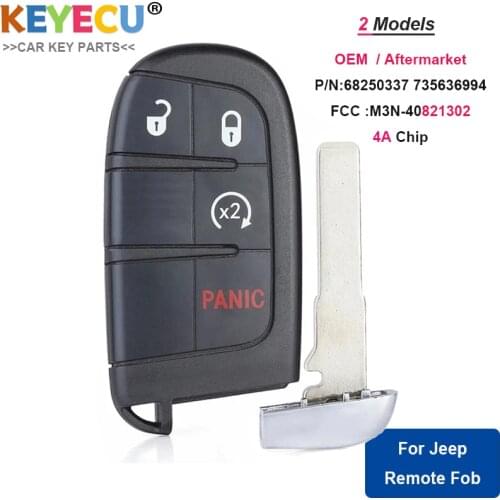 KEYECU Smart Keyless Remote Key for Jeep Renegade Compass 2015 2016 2017 2018 2019 2020, 4 Buttons - FCC ID: M3N-40821302