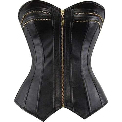 New Black Faux Leather Corset Steampunk zipper Front Sexy Body Bustier Overbust Corset Women Waist Cincher Corsets Plus Size