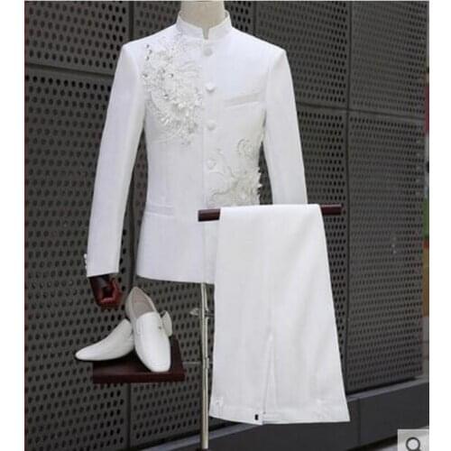 Fashion Men White Suits Evening Blazer Pants Clothing Set Birthday Party Nightclub Dress Jacket Trousers