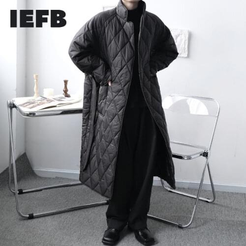 IEFB japanese streetwear fashion lightweight mens cotton padded clothes loose mid length high quality winter coat belt 9Y4645