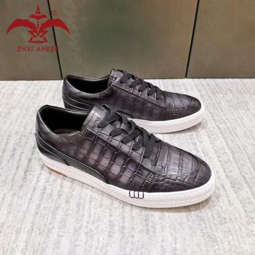 Mens' Free Style! 100% Genuine Leather Shoes Men Sneaker Lace Up Casual Shoes in Patina Grey Tobacco Color