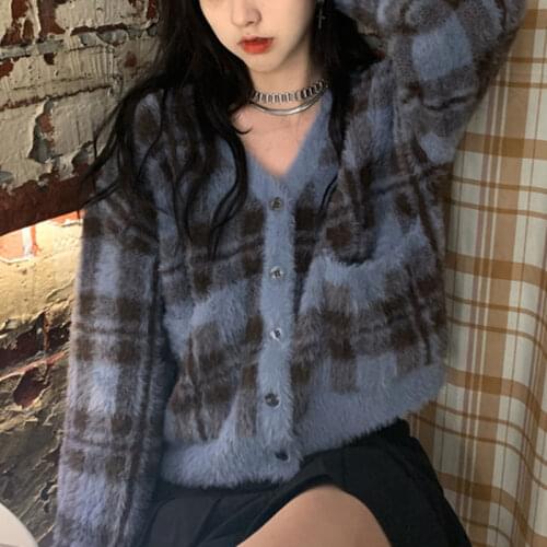 Fuzzy Knit Plaid Cardigan V-Neck Cropped Button-Up Sweater Winter Women e-Girl Aesthetic Y2K Streetwear