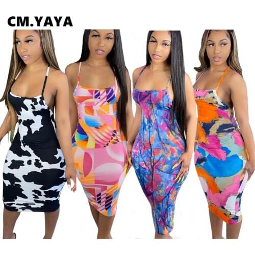 CM.YAYA Tie Dye Print Hlater Neck Backless Sleeveless Bodycon Midi Dress for Women Sexy Night Party Streetwear Pencil Dresses