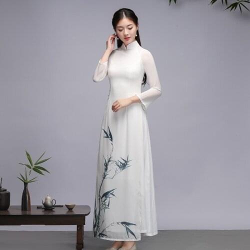 Traditional Vietnam Ao Dai Women Spring Long Dresses Cheongsam Chinese Dress Qipao Vintage Bamboo Print Ao Dai Dress 30956