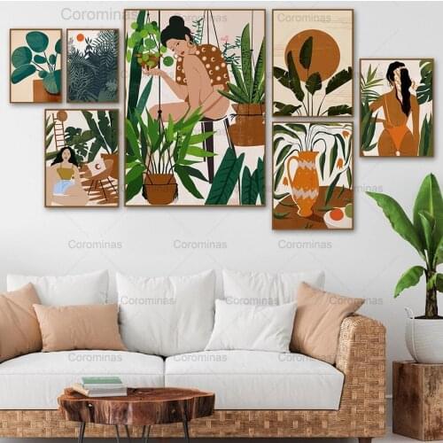Vintage Girl Flower Canvas Painting Leaf Monstera Plant Vase Wall Art Nordic Posters and Prints Pictures for Living Room Decor